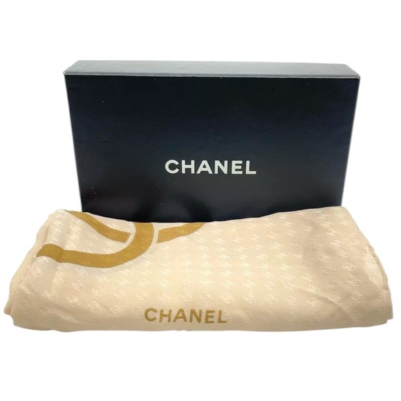 Authentic Chanel Coco Mark Beige Silk Scarf W/Box - Picture 2 of 11